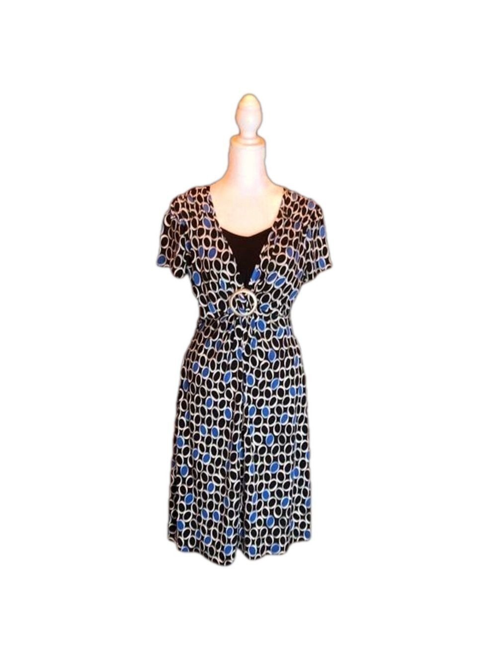 NOTATIONS Vintage Black, Gray, & Blue Circle Print Casual Dress Size S